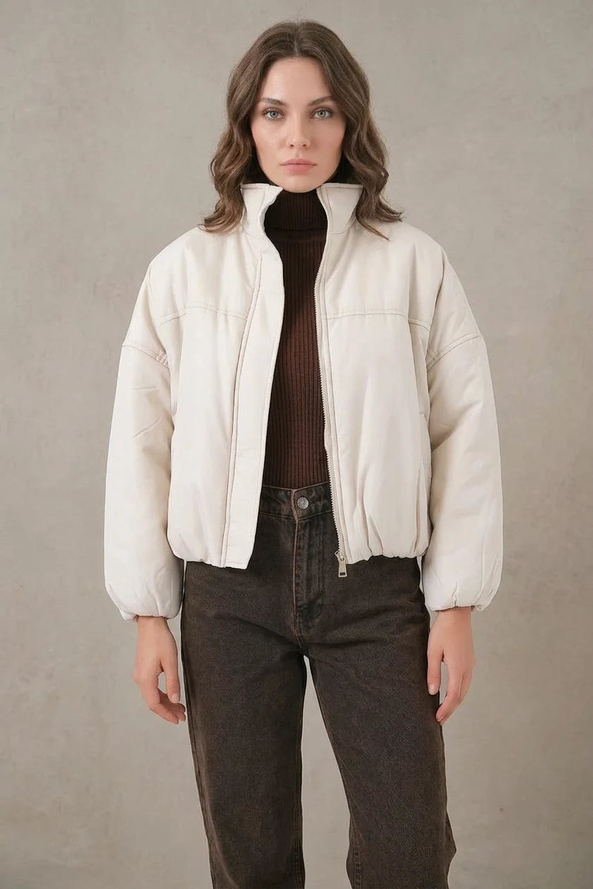 Kadın Yüksek Yaka Oversize Bomber Ekru Mont