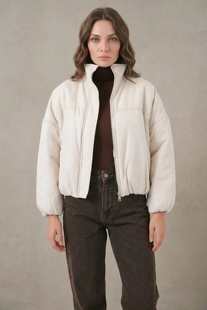 Kadın Yüksek Yaka Oversize Bomber Ekru Mont