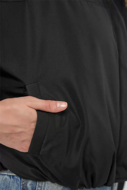 Kadın Dik Yaka Belden Büzgülü Oversize Bomber Siyah Mont