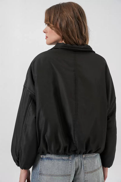 Kadın Dik Yaka Belden Büzgülü Oversize Bomber Siyah Mont