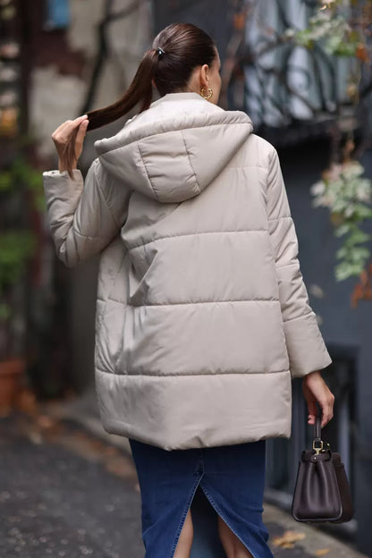 Kadın Kapüşonlu Oversize Bej Mont