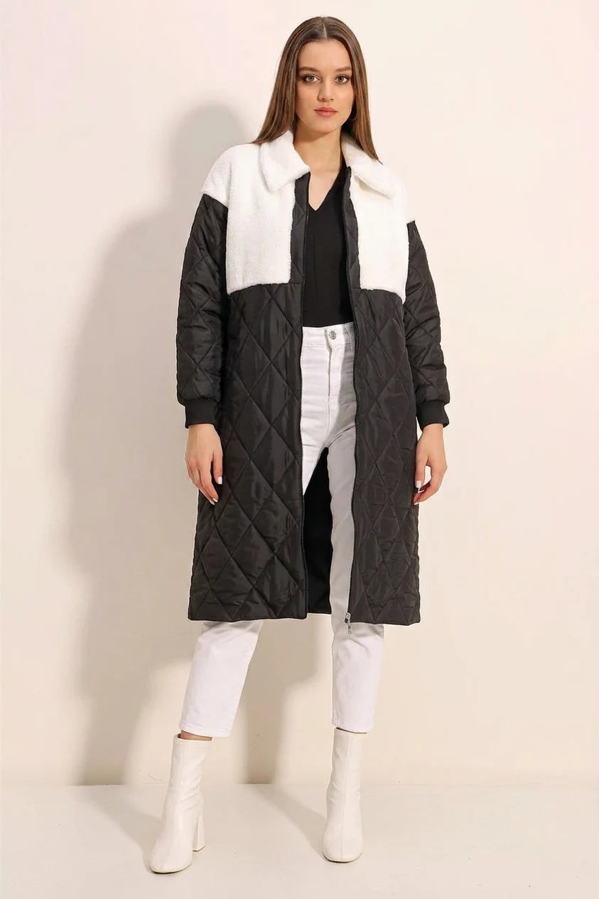 Kadın Gömlek Yaka Peluş Detaylı Oversize Kapitone Desenli Beyaz Mont