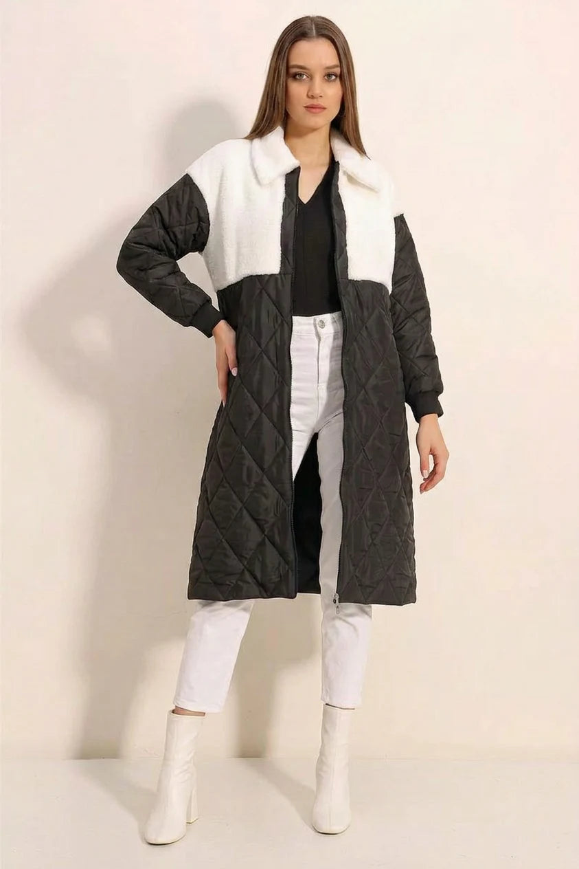 Kadın Gömlek Yaka Peluş Detaylı Oversize Kapitone Desenli Beyaz Mont