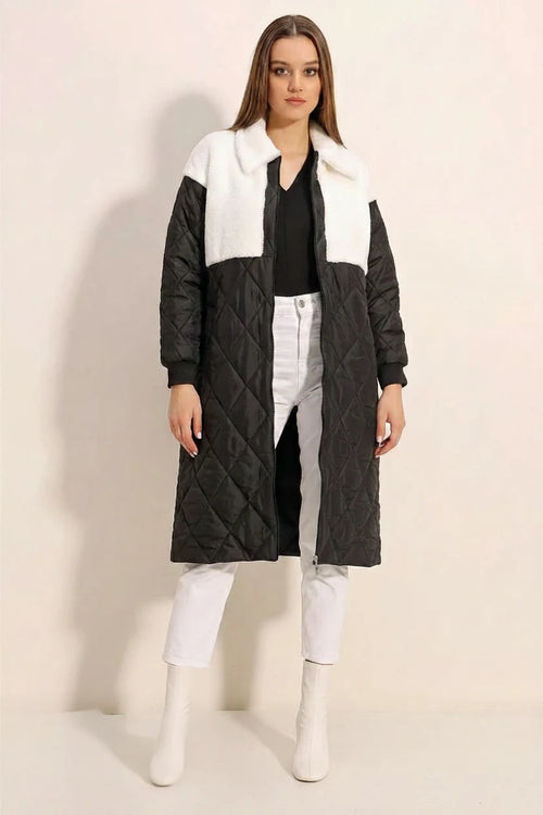 Kadın Gömlek Yaka Peluş Detaylı Oversize Kapitone Desenli Beyaz Mont