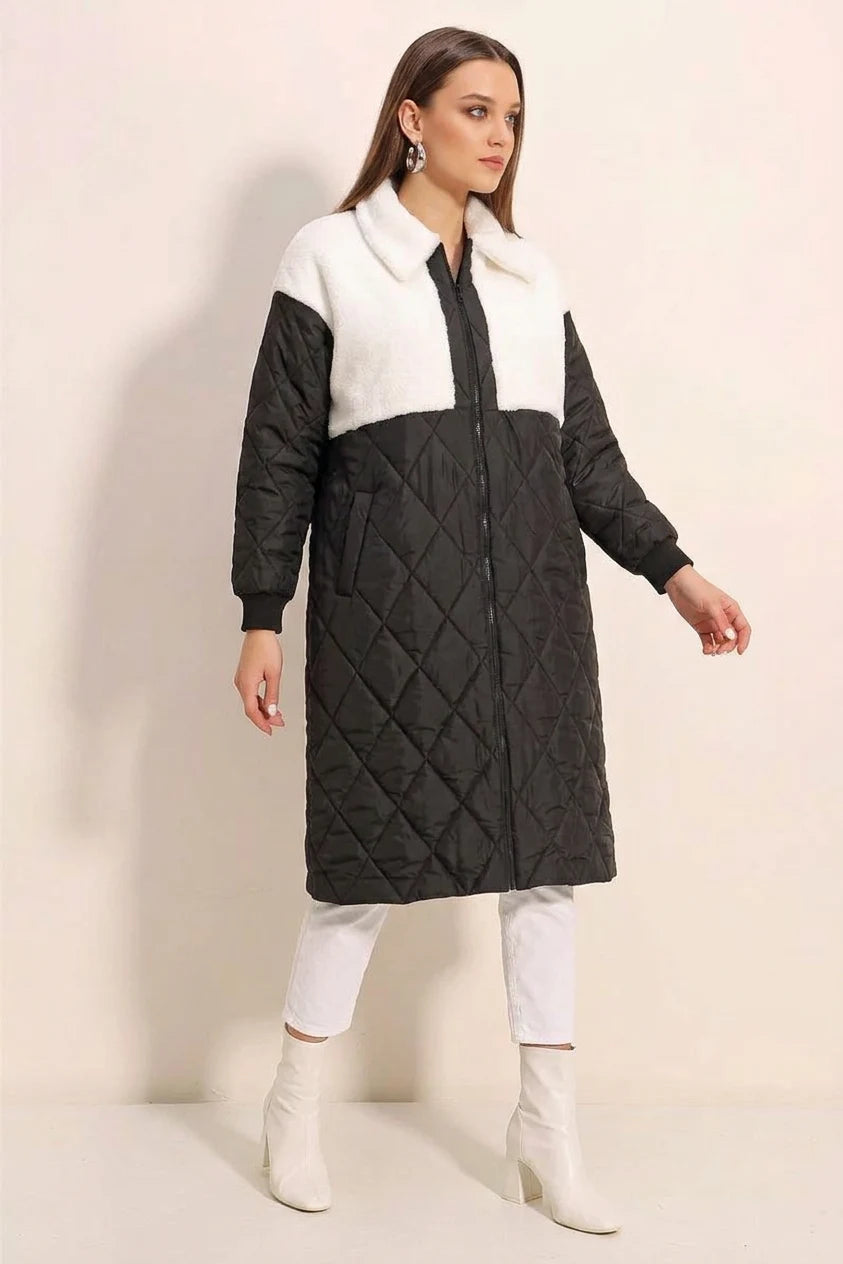 Kadın Gömlek Yaka Peluş Detaylı Oversize Kapitone Desenli Beyaz Mont