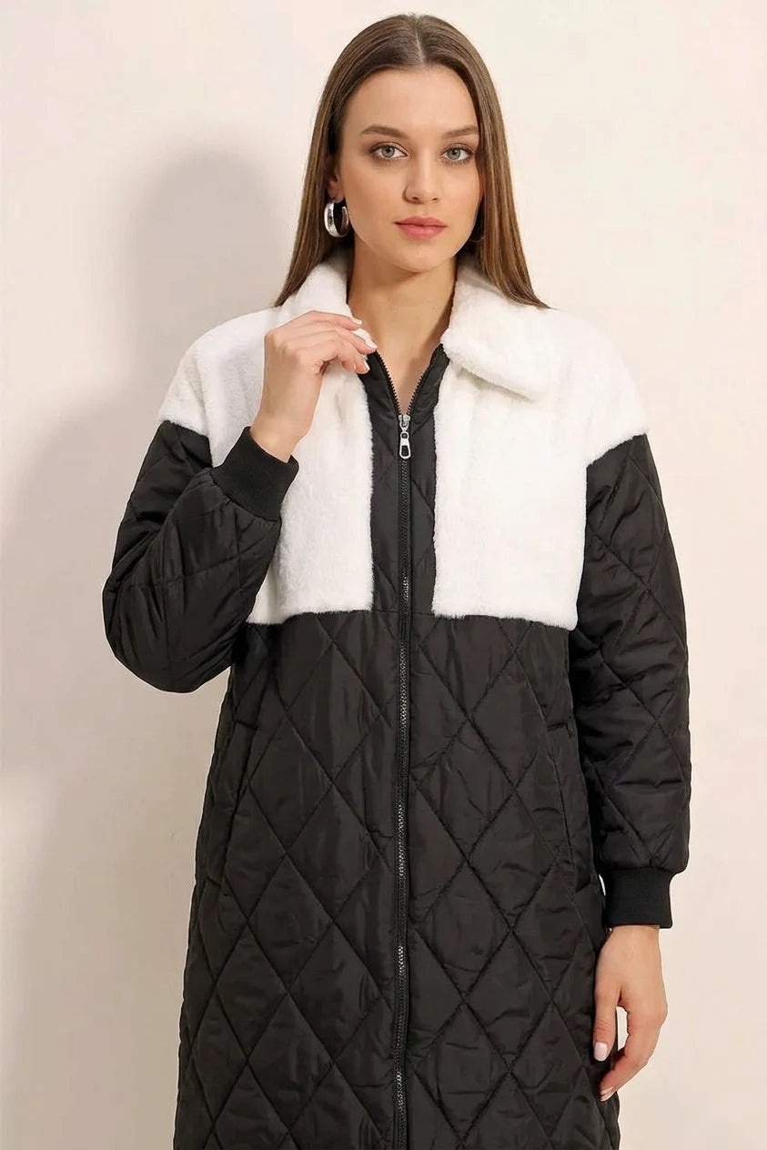 Kadın Gömlek Yaka Peluş Detaylı Oversize Kapitone Desenli Beyaz Mont