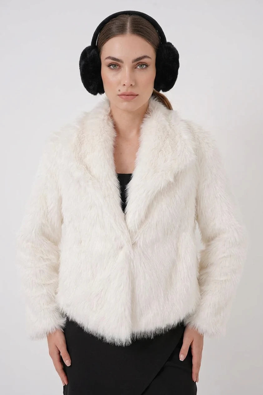 Kadın Kruvaze Peluş Kürk Beyaz Kaban