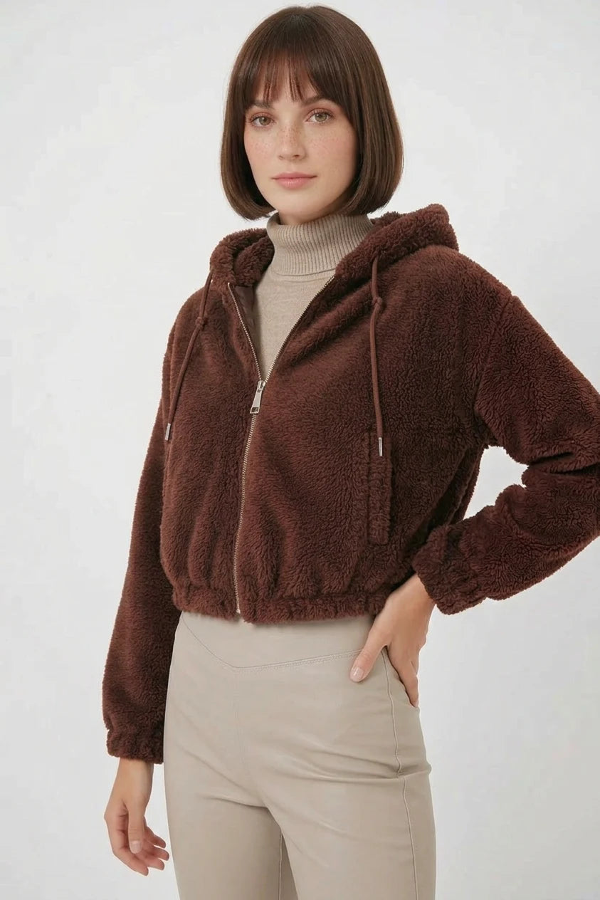 Kadın Kapüşonlu Crop Kahverengi Ceket