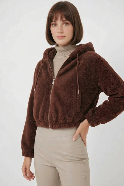 Kadın Kapüşonlu Crop Kahverengi Ceket