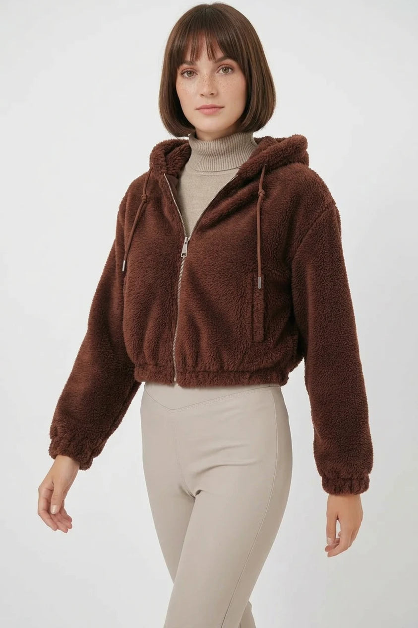 Kadın Kapüşonlu Crop Kahverengi Ceket