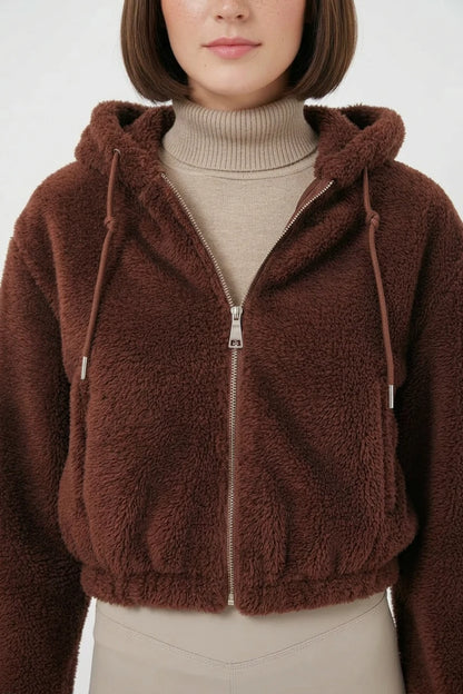 Kadın Kapüşonlu Crop Kahverengi Ceket