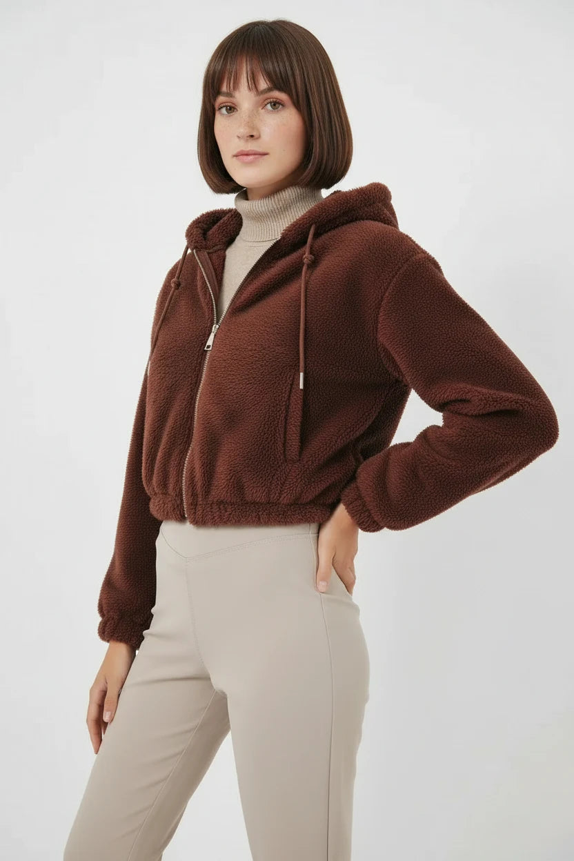 Kadın Kapüşonlu Crop Kahverengi Ceket