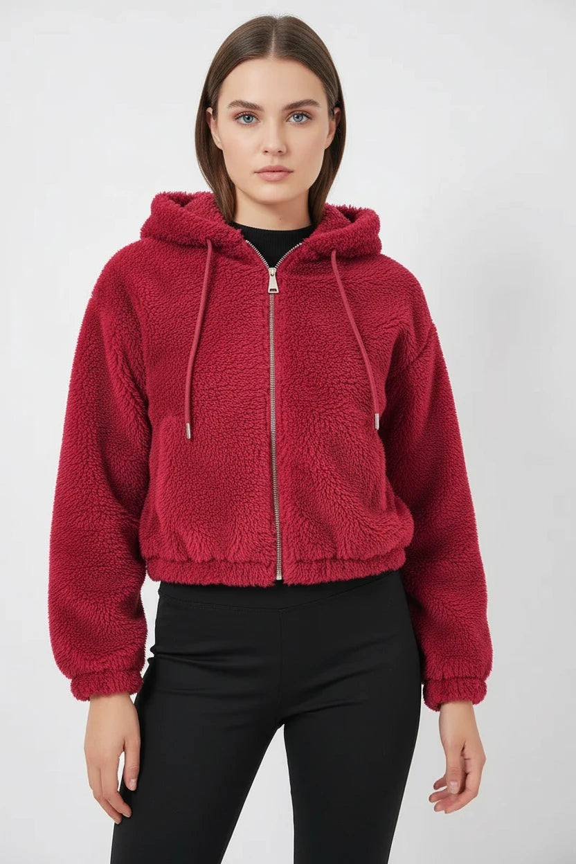 Kadın Kapüşonlu Crop Peluş Ceket