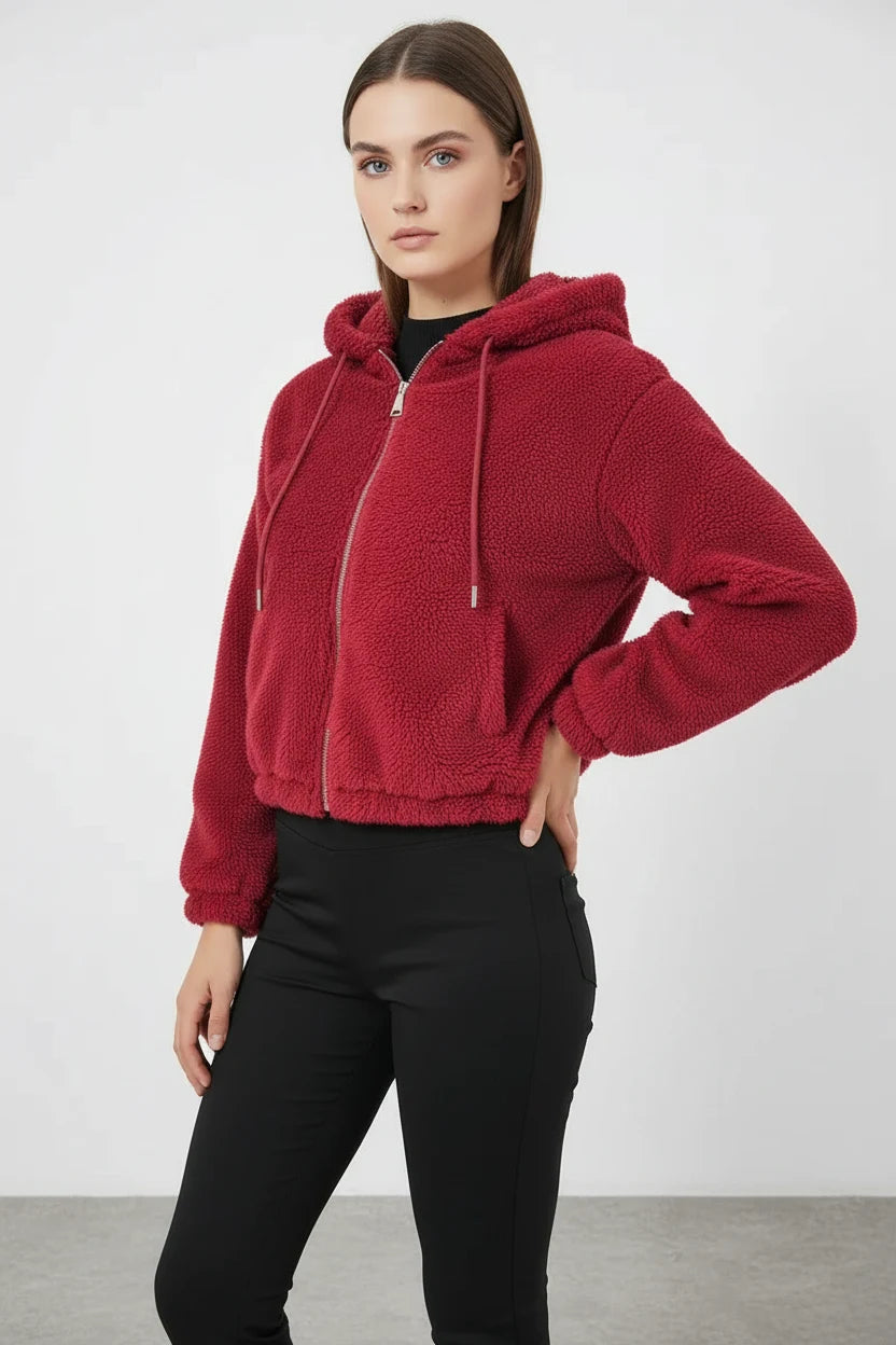 Kadın Kapüşonlu Crop Peluş Ceket