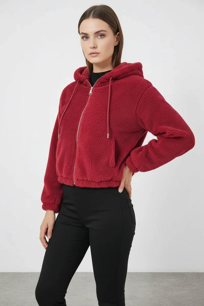 Kadın Kapüşonlu Crop Peluş Ceket