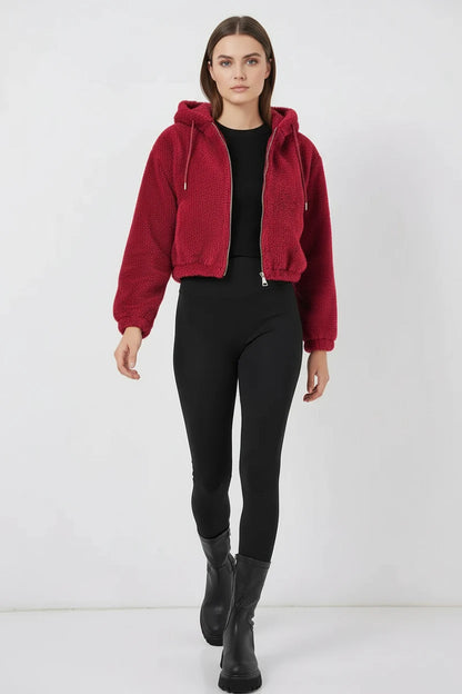 Kadın Kapüşonlu Crop Peluş Ceket