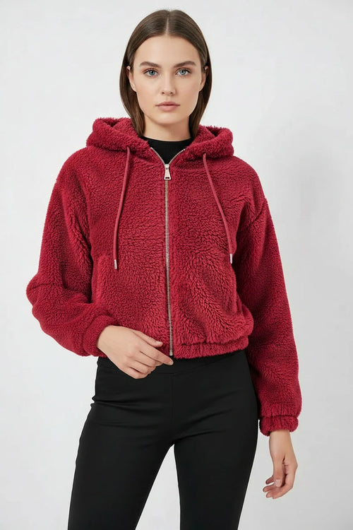 Kadın Kapüşonlu Crop Peluş Ceket