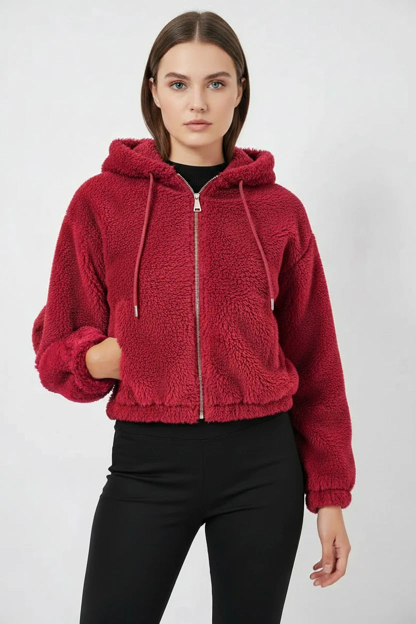 Kadın Kapüşonlu Crop Peluş Ceket