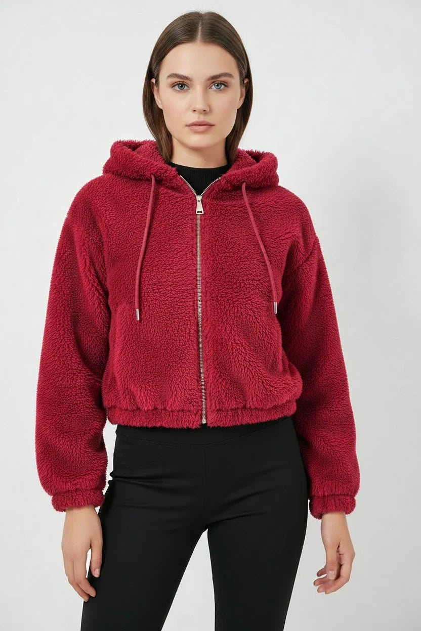 Kadın Kapüşonlu Crop Peluş Ceket
