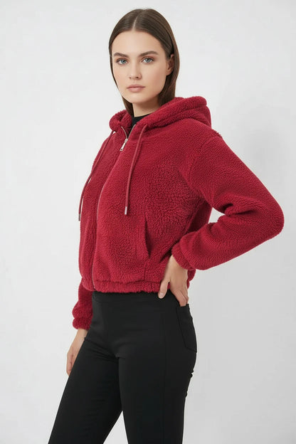 Kadın Kapüşonlu Crop Peluş Ceket