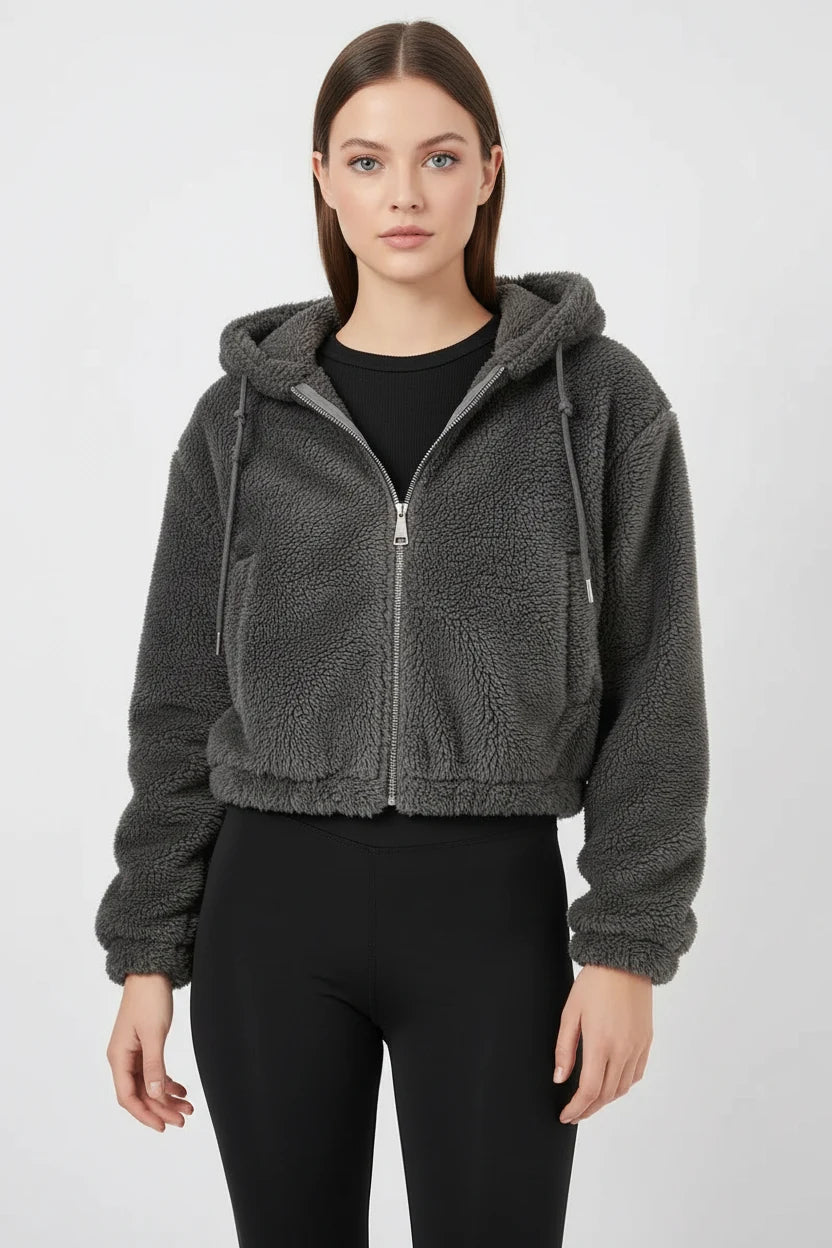 Kadın Kapüşonlu Crop Peluş Ceket