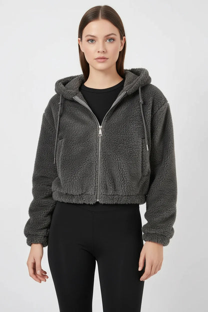 Kadın Kapüşonlu Crop Peluş Ceket