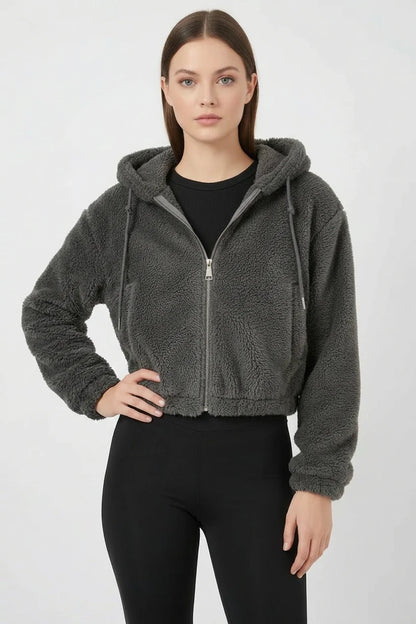 Kadın Kapüşonlu Crop Peluş Ceket
