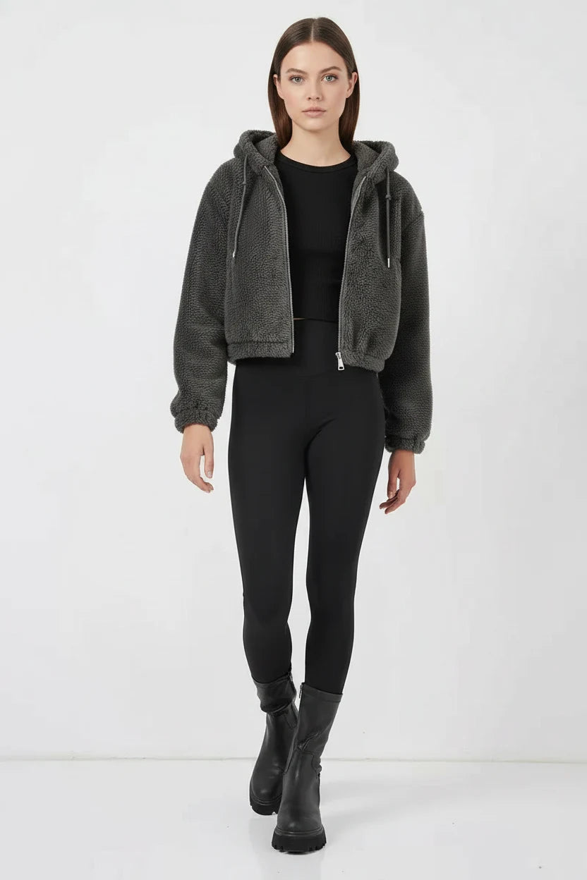 Kadın Kapüşonlu Crop Peluş Ceket
