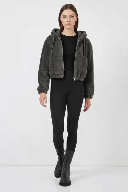 Kadın Kapüşonlu Crop Peluş Ceket