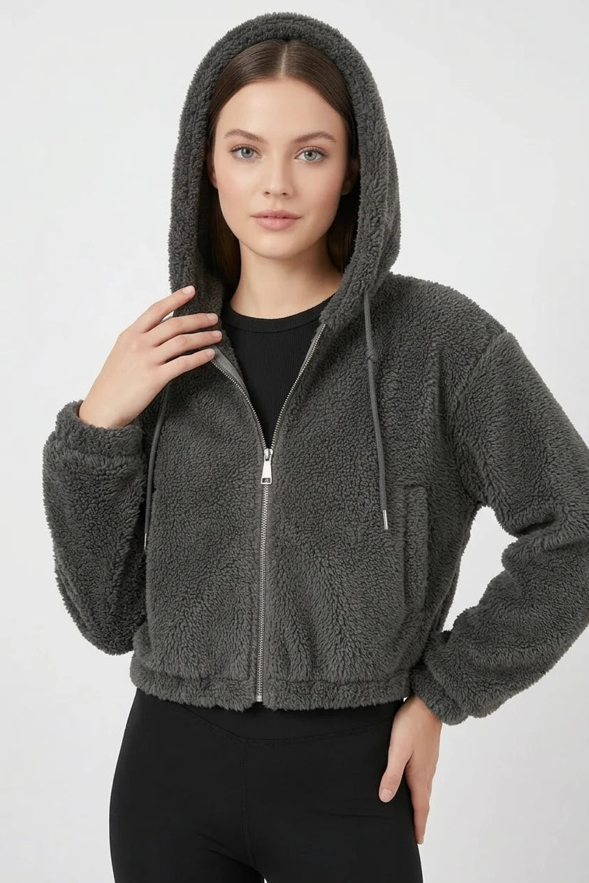 Kadın Kapüşonlu Crop Peluş Ceket