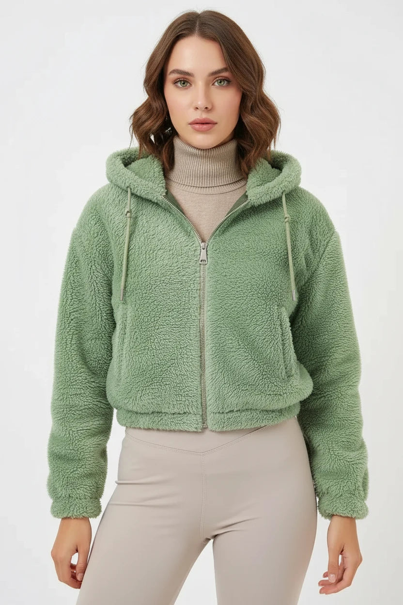 Kadın Kapüşonlu Crop Peluş Ceket
