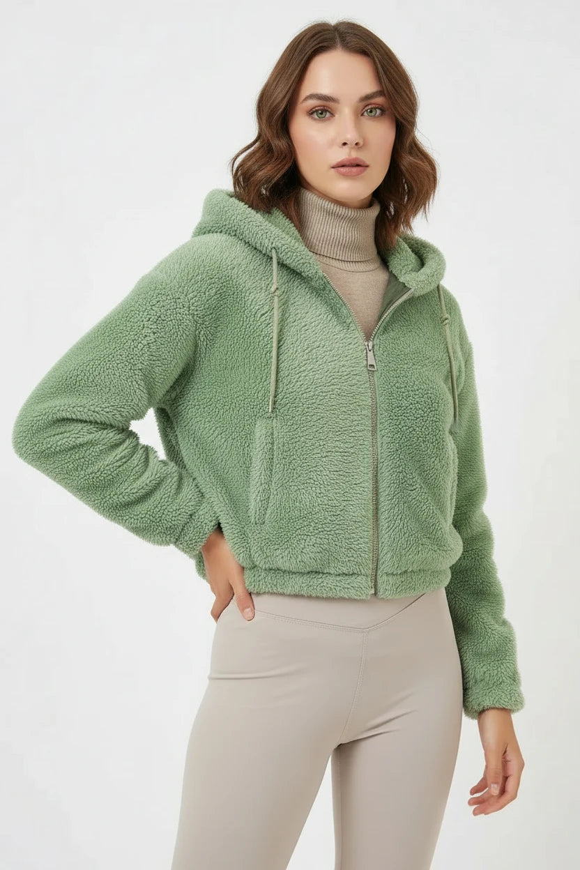 Kadın Kapüşonlu Crop Peluş Ceket