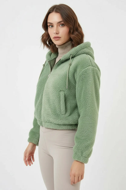 Kadın Kapüşonlu Crop Peluş Ceket