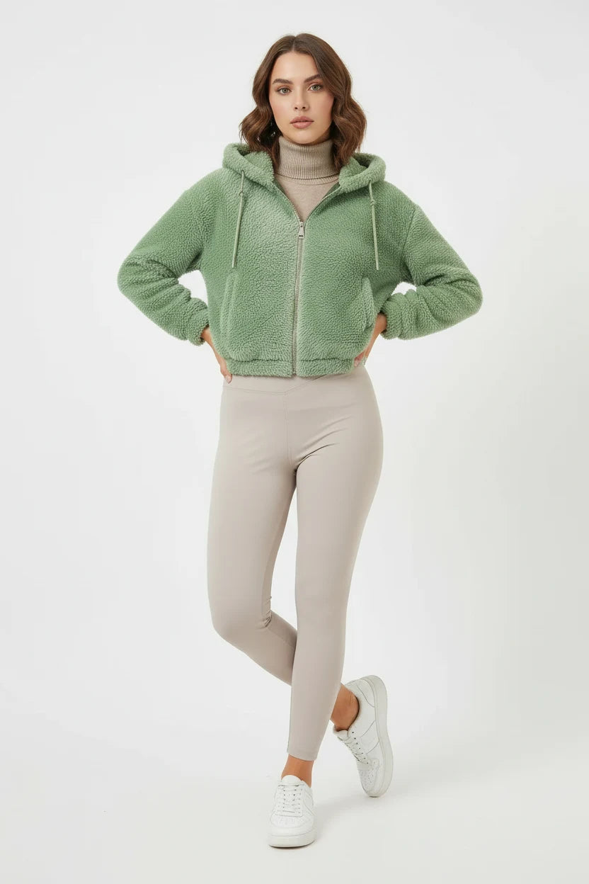 Kadın Kapüşonlu Crop Peluş Ceket