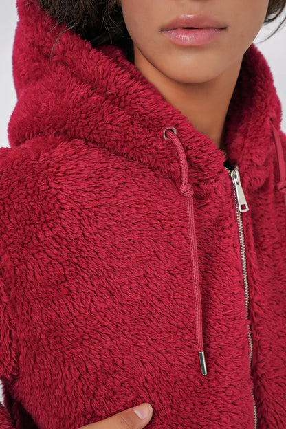 Kadın Kapüşonlu Crop Peluş Ceket