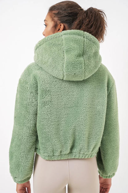 Kadın Kapüşonlu Crop Peluş Ceket