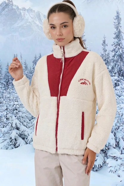 Kadın Yüksek Yaka Fermuarli Peluş Bordo Ceket
