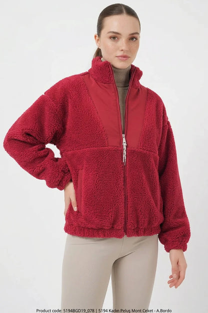 Kadın Fermuarli Peluş Bordo Ceket