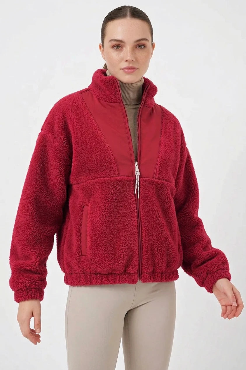 Kadın Fermuarli Peluş Bordo Ceket