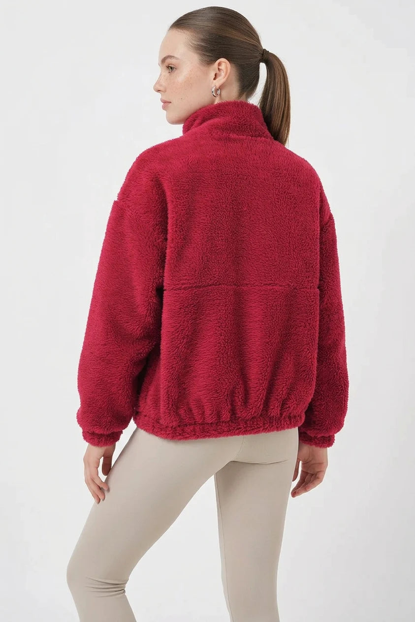 Kadın Fermuarli Peluş Bordo Ceket