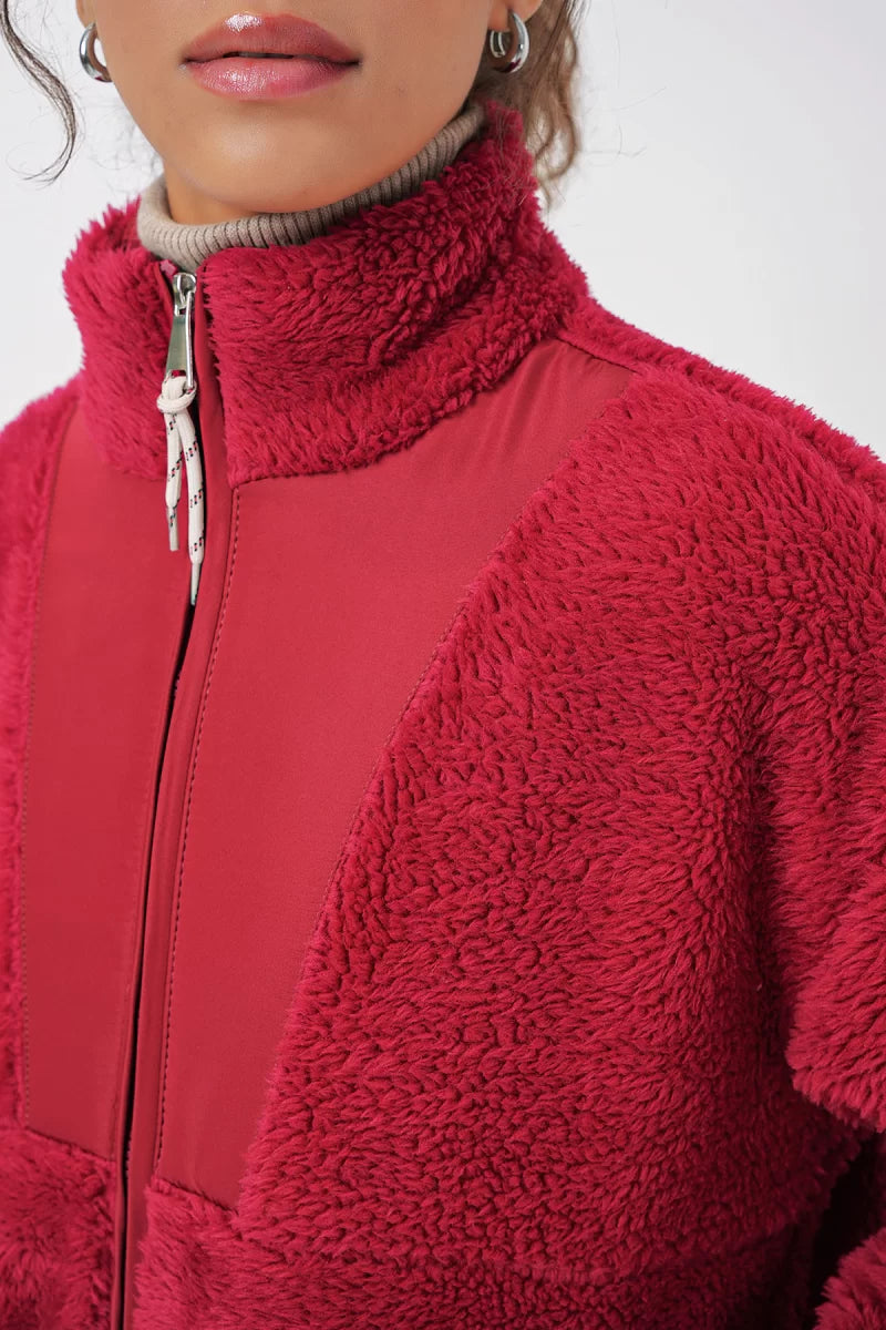 Kadın Fermuarli Peluş Bordo Ceket