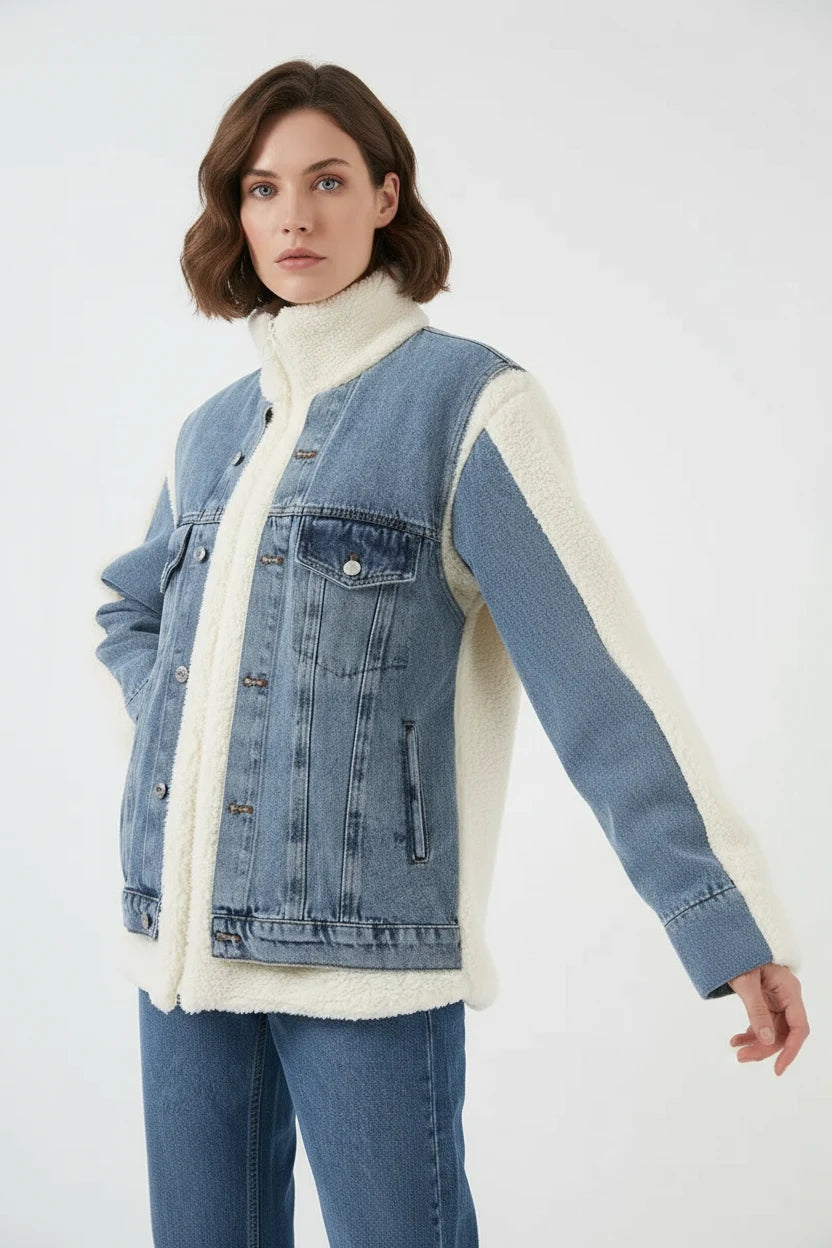 Kadın Yüksek Yaka Denim Peluş Yırtık Detaylı Pamuklu Lacivert Mont