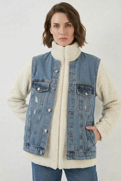 Kadın Yüksek Yaka Denim Peluş Yırtık Detaylı Pamuklu Lacivert Mont