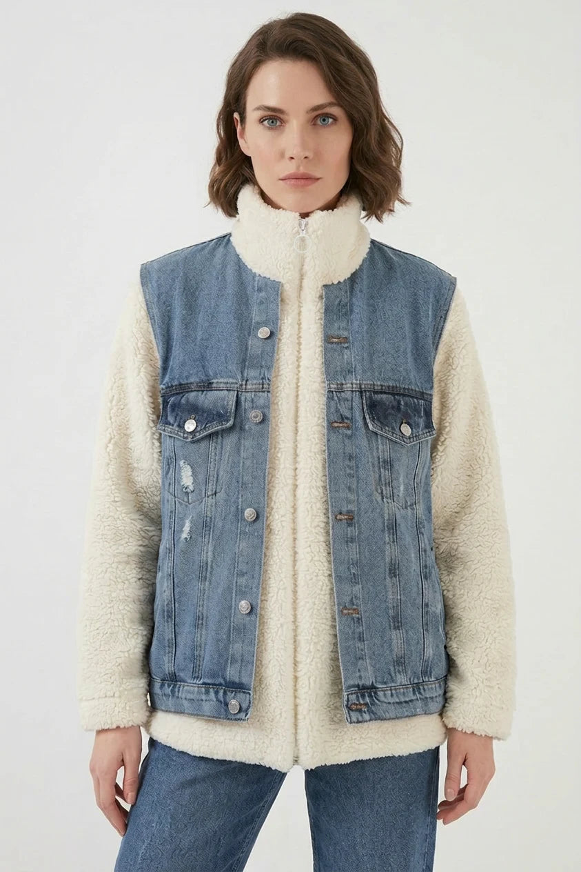Kadın Yüksek Yaka Denim Peluş Yırtık Detaylı Pamuklu Lacivert Mont