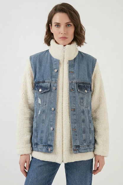 Kadın Yüksek Yaka Denim Peluş Yırtık Detaylı Pamuklu Lacivert Mont
