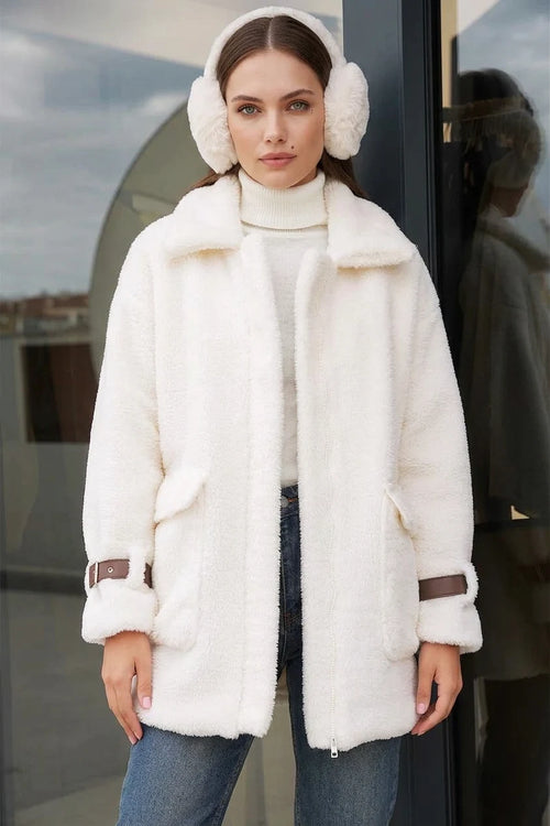 Kadın Geniş Yaka Oversize Peluş Taba Mont
