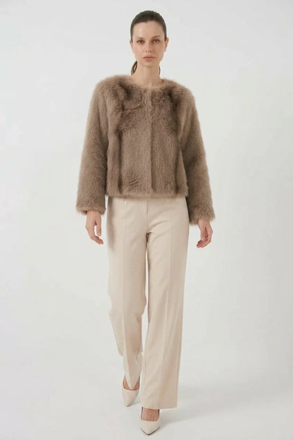 Kadın Yuvarlak Yaka Peluş Kürk Bisküvi Mont