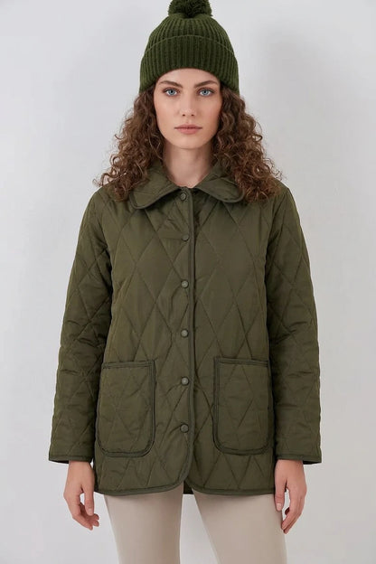 Kadın Klasik Yaka Kapitone Oversize Çift Renk Haki Mont