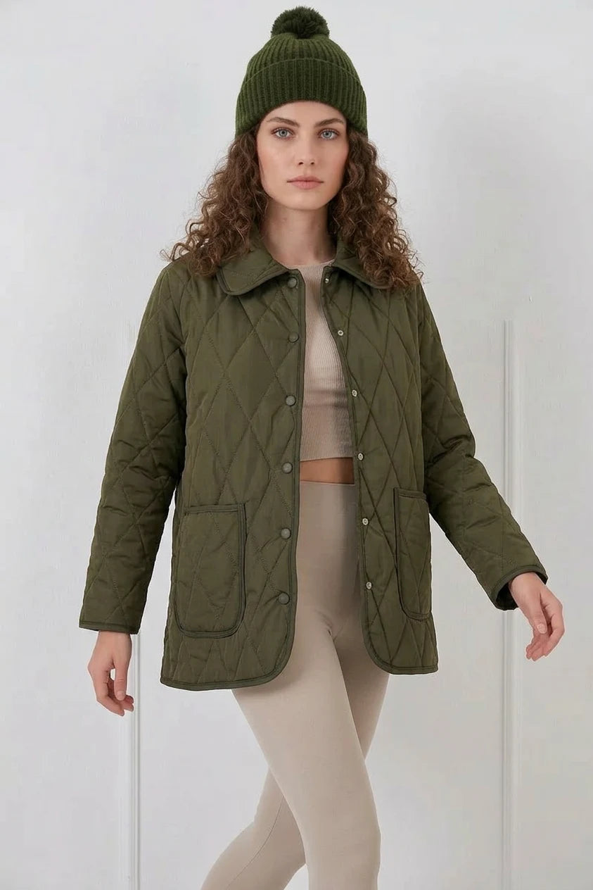 Kadın Klasik Yaka Kapitone Oversize Çift Renk Haki Mont