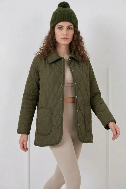 Kadın Klasik Yaka Kapitone Oversize Çift Renk Haki Mont